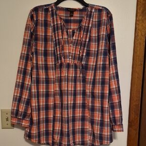 Bit & Bridle Womens Long Sleeve Smock Blouse Pink, Blue Plaid Sz XL